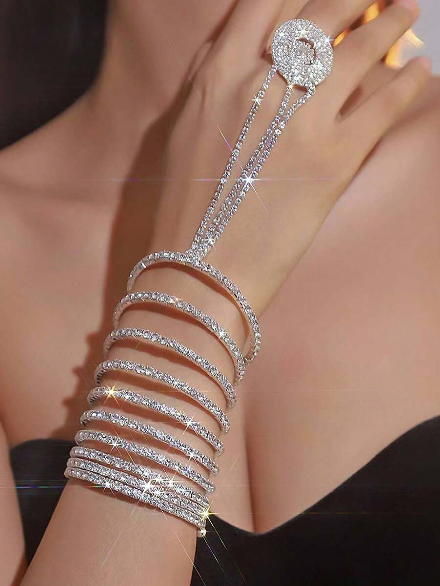1pc Fashionable Multi-Layer Crystal Finger Ring Chain Bracelet, Sparkling Fully Studded Elastic Finger Chain Bride Jewelry Accessory Gift - Silver - View 1