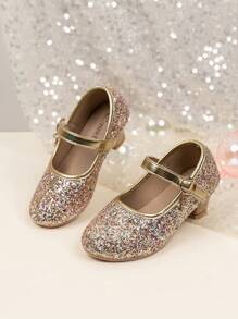 Girls' Princess Shoes 2025 New Spring And Autumn Children's High Heels, Versatile Western Style Sparkle Buckle Crystal Shoes For Performance, Dancing, Chorus & Dress Wear - Gold - View 2