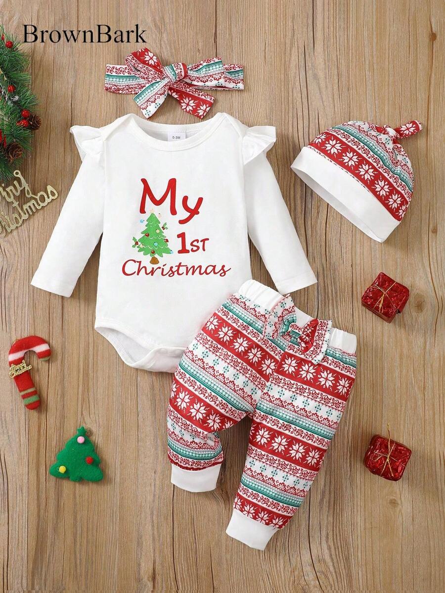 4 件套女婴圣诞装 - 带圣诞字母印花的长袖上衣、裤子、头带和帽子，秋季休闲套装 - 白色 - 查看 1