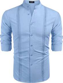 Camisas Casual Playa De Guayabera Cubana Para Hombre - Celeste - Ver 4