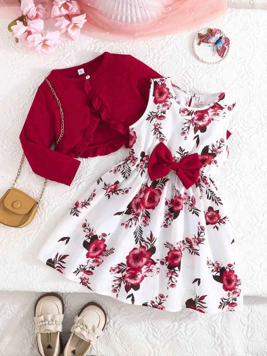 Young Girl 2pcs Outfit Set, Ruffle Trim Jacket And Sleeveless Butterfly & Floral Print Dress, Elegant Spring/Autumn - Burgundy - View 1