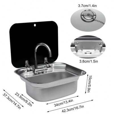  Futchoy in acciaio inox campeggio lavello con rubinetto, 42,3 * 37,3 * 15 cm lavabo a mano con coperchio e tubi flessibili per camper, roulotte, cucina camper, argento e nero
