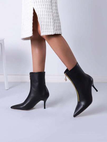 Women's Fashion Versatile Stiletto Super High Heel Pointed Toe Solid Color Metal Decor Ankle Boots, Plus Size Up To 47
