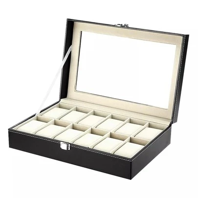 Fdit 12-Slotc Large Watch Jewelry Display Storage Case Organizer Holder With Glass Top And Metal Lock For Men And Women (Black)