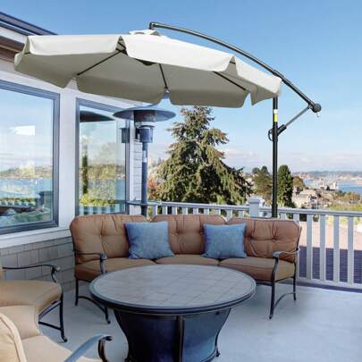  Outsunny 2.7m Garden Banana Parasol Cantilever Umbrella With Crank Handle And Cross Base For Outdoor, Hanging Sun Shade