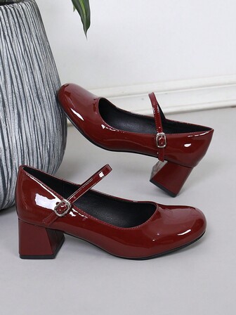 New Glossy Patent Leather Thick Heel Round Toe Red High Heels For Women. Instep Strap Mary Jane Shoes, Comfortable Indoor Outdoor Party Pumps. Leopard Print Bohemian Style Black High Heels