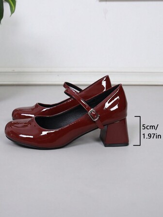 新款亮面漆皮粗跟圆头红色高跟鞋，女士款。鞋面系带玛丽珍鞋，舒适室内外派对鞋。豹纹波西米亚风黑色高跟鞋