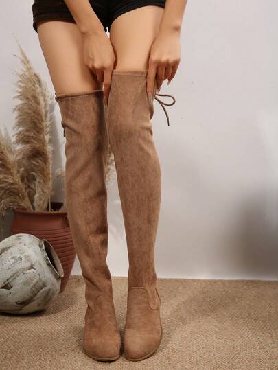 女式仿麂皮过膝长靴，修身高筒粗跟马靴，休闲时尚弹力过膝长靴，性感女士靴
