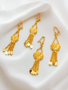 2pcs/Set Fashionable Women Heart Shaped Chain Pendant Earrings, Copper Material 24K Gold Plated, Heart Tassel Design, Gifts For Girlfriend, Wife, Friend, Birthday, Holiday Valentines