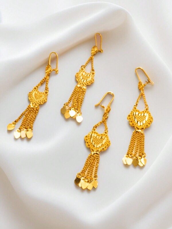 2pcs/Set Fashionable Women Heart Shaped Chain Pendant Earrings, Copper Material 24K Gold Plated, Heart Tassel Design, Gifts For Girlfriend, Wife, Friend, Birthday, Holiday Valentines