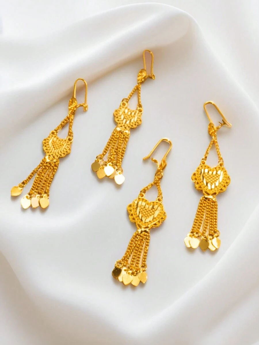 2pcs/Set Fashionable Women Heart Shaped Chain Pendant Earrings, Copper Material 24K Gold Plated, Heart Tassel Design, Gifts For Girlfriend, Wife, Friend, Birthday, Holiday Valentines