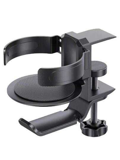 Desk Cup Holder Clamp Black 2 In 1 - Under Table Headphone Holder Mechanical Telescoping Anti-Spill Cupholder,360° Rotation Hanger Aluminum Alloy Stand Hook With Cable Organizer Desk Mobile Phone Holder Stand For Phone Use Durable Heavy-Duty Holder For All Sizes, Stylish Desktop Organizer Supports Even The Heaviest Headphones