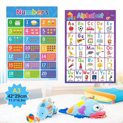 Lachilly 2PCS Children's Education Learning Posters Alphabet & Numbers Home School Decoration Preschool Toddler English Vocabulary Cognitive Posters Auxiliary Teaching Aids 42*29cm