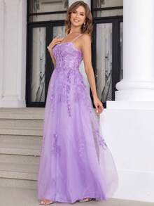 Vestido de graduación de tul y encaje para mujer, vestido de noche largo con tirantes de espagueti y aplicaciones de cristal, vestido de noche formal de línea A con cordones cruzados en la espalda, vestido de fiesta de graduación