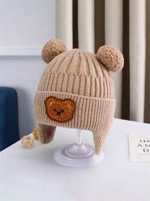 1 件装冬季可爱熊耳暖针织婴儿帽，韩版幼儿加厚保暖无檐小便帽，耳罩式针织无檐小便帽套装，带绒球，舒适柔软有弹性且加厚，非常适合冬季外出 - 米色 - 查看 7