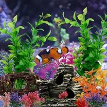 15 pièces Décorations d'aquarium - Pot cassé en résine et scénario de roches de grotte, plantes en plastique