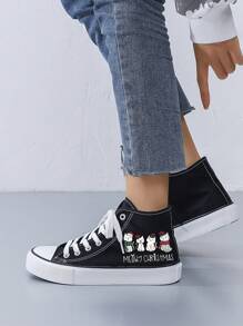 Women's Creative Christmas Cat Print Canvas Sneakers, Round Toe Flat Casual Shoes, Comfortable Black Fabric Shoes For Daily Wear