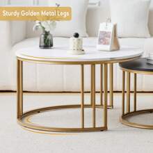 CLIPOP Round Nesting Coffee Table Set Of 2 For Living Room With Marble Effect, Stacking End Side Table With Golden Metal Frame, Sofa Tea Table For Small Space - White - View 6