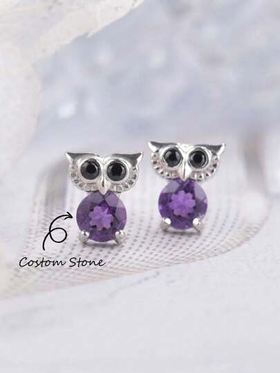 ITSMOS Natural Garnet Amethyst Owl Bird Earrings Classic S925 Sterling Silver Lovely Cute Stud Earrings For Women Birthday Gift