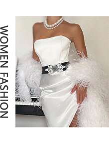 1pc White Rose With Rhinestones Decorative Elastic Waist Belt, Elegant Fashion Accessory For Dresses And Down Jackets Summer, School Fall, Autumn, Halloween