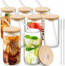 8 Pcs Drinking Glass Cups With Bamboo Lids And Glass Straw - 16 Oz Beer Can Shaped Glass Cups, Ice Coffee Cup Cute Glasses Tumbler  For Soda Boba Tea Cocktail Include 2 Cleaning Brushes - 無色 - 查看 1