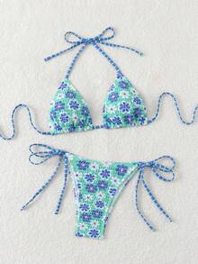 New Soft Fabric Solid & Printed Spaghetti Strap Drawstring Bikini Set, Fashionable Women Swimming Suit For Summer Beach - Green - View 2