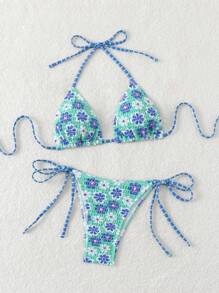 New Soft Fabric Solid & Printed Spaghetti Strap Drawstring Bikini Set, Fashionable Women Swimming Suit For Summer Beach