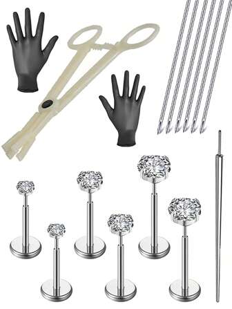5PCS/16PCS Body Piercing Needles Ear Cartilage Conch Piercing Kit Piercing Pliers Gloves 20G Piercing Needles Stainless Steel Disposable Ear Lip Piercing Kit