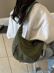 1 pieza Bolso de lona con media luna de pana de unicolor, bolso de lona plegable minimalista y ligero con múltiples bolsillos, cierre con cremallera, adecuado para estilo casual de verano, ir y venir, deportes, estilo universitario, estilo callejero y viajes - Verde - Ver 5