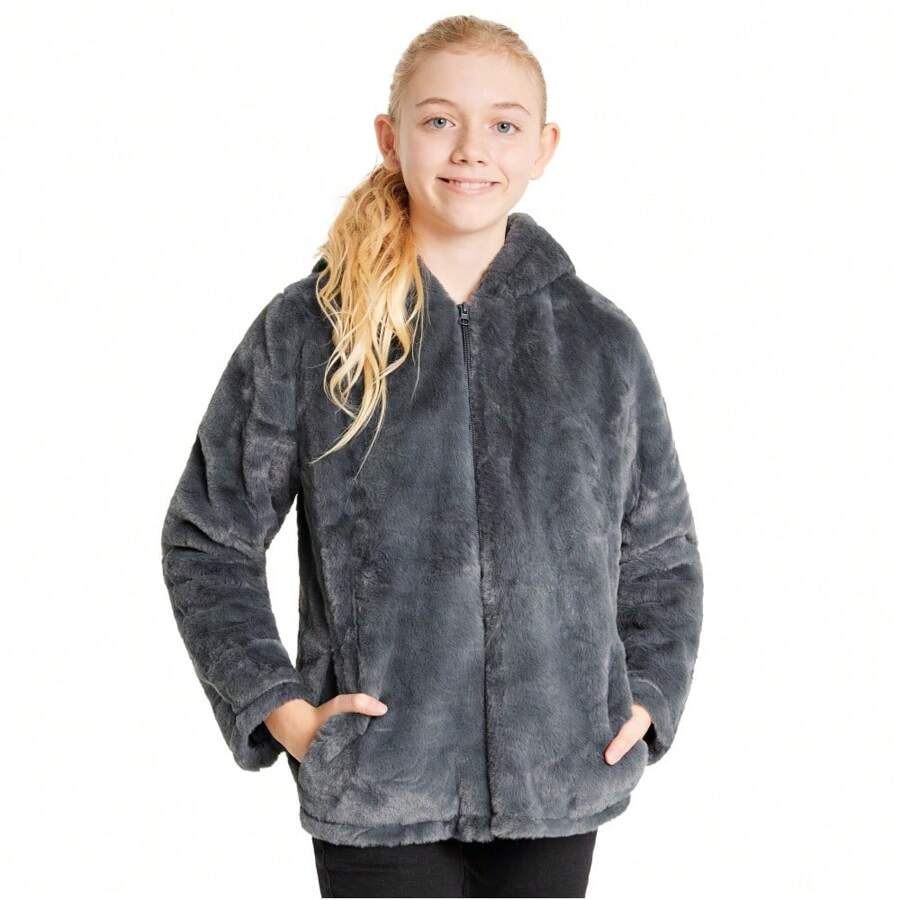 City Comfort Coat Fluffy Hooded Zip Up And Sizes 7-14 Years Cosy Stylish Winter Outwear Gift - Grey - View 1