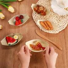 50 piezas Bandeja de barco de madera desechable, mini plato de comida, bandeja de sushi de hoja, bol de madera, para catering y uso doméstico, cocina, regalo de Navidad