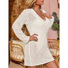 Women Crochet Cover Up Long Sleeve Deep V Neck Hollow Out Sweater Oversized Beach Mini Dress Bathing Suit Coverup - White - View 6