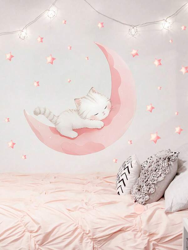 Cartoon Sleepy Bear & Moon Wall Stickers, Children's Room Bedroom Kindergarten Wall Decor Moon Star Sleep Bear Kids Room Wallpaper