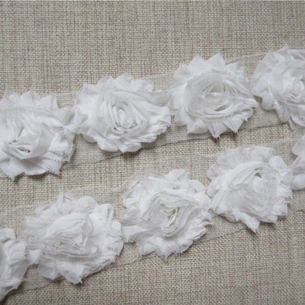Shabby Flowers 3D Chiffon Rose Flower Lace Edge Trim Ribbon 6 Cm Width Vintage Style Edging Trimming Fabric Embroidered Applique Sewing Craft Wedding Bridal Dress