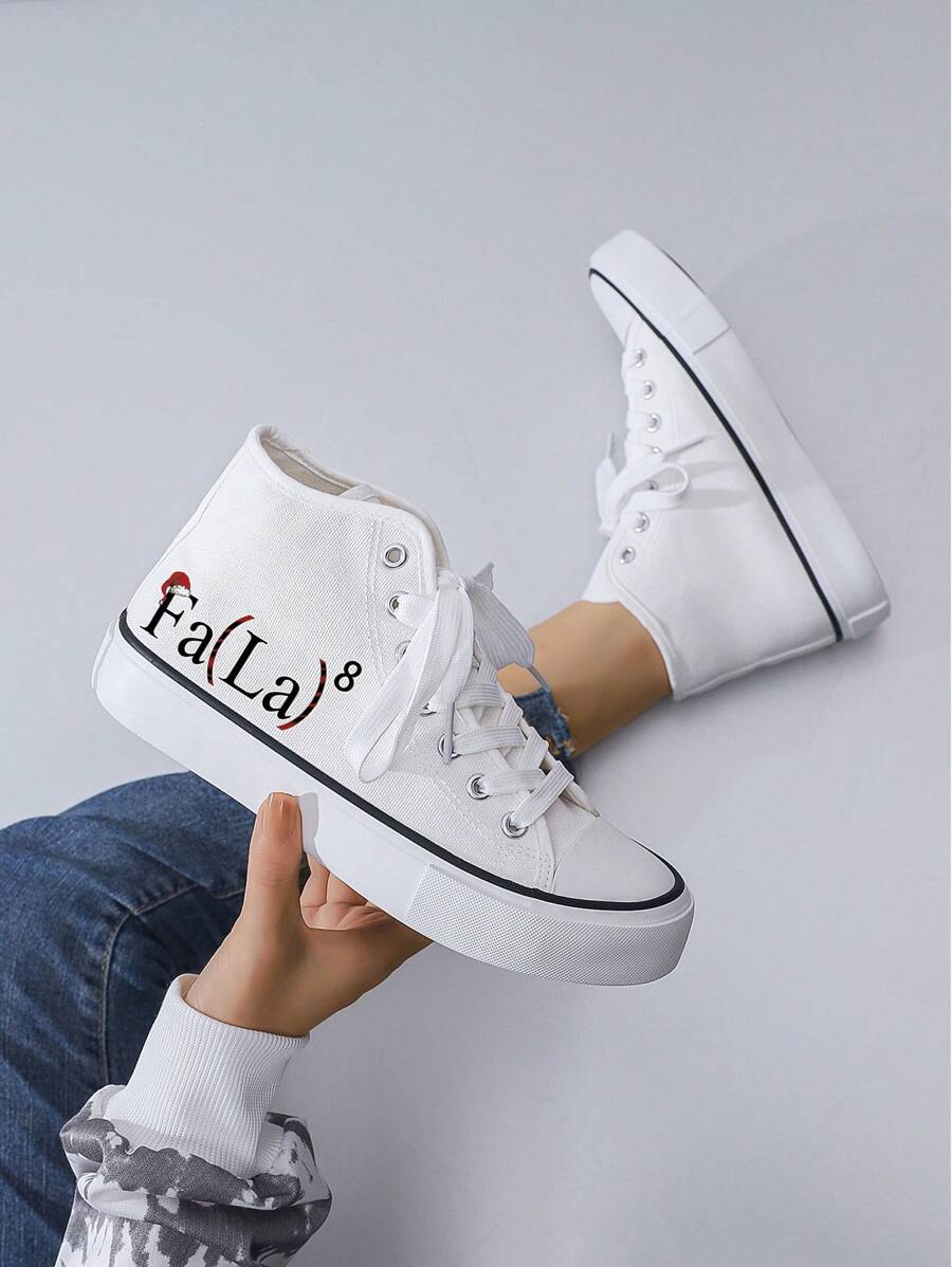 Women's Creative Christmas 'Fala' Printed Mid-Top Flat Canvas Shoes, Simple Style, White Canvas Fabric, Casual Sneakers For Daily Wear, All Season