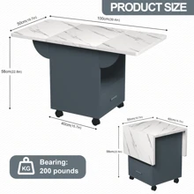 39.4 Inch Wooden Folding Dining Table With Storage Shelf And 1 Drawer, Multifunctional Table, 4 Wheels, White Marble Color Kitchen Island, Side Table, Coffee Table, Space Saving