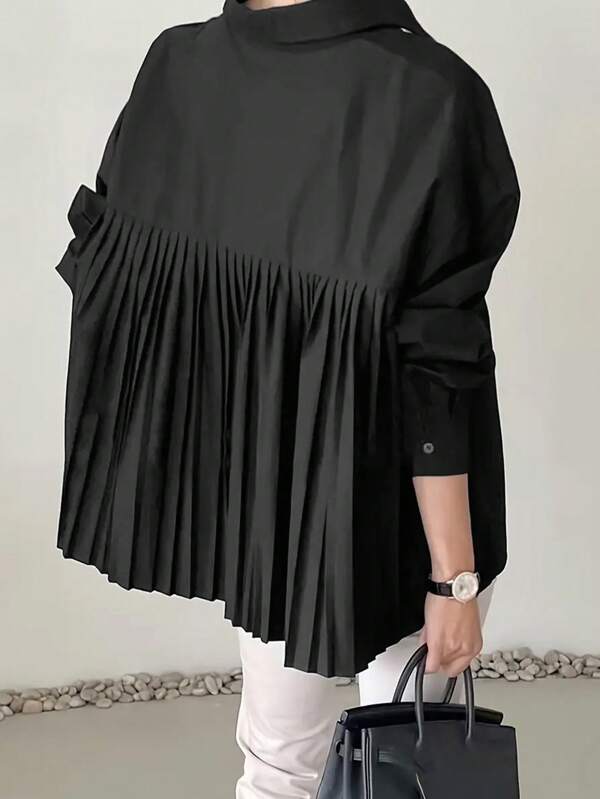 ARDOR S Holiday Loose Pleated Oversize Elegant Long-Sleeved Shirt, Casual And Comfortable Fit, Spring And Summer Lapel Pleated Cardigan Shirt, New Spring And Summer 2025.