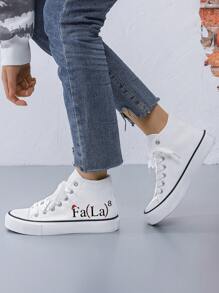 Women's Creative Christmas 'Fala' Printed Mid-Top Flat Canvas Shoes, Simple Style, White Canvas Fabric, Casual Sneakers For Daily Wear, All Season