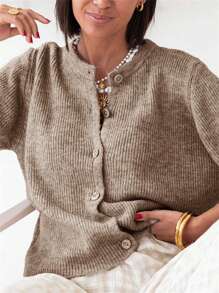 Women's Knit Cardigan Half Sleeve Round Neck Solid Color Button Up Knitwear - 棕色 - 查看 4