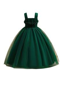 花朵泡泡纱长裙，年轻女孩演出礼服 - 墨綠色 - 查看 8