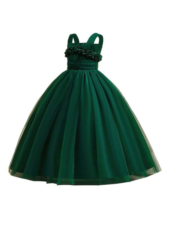 Flower Puff Tulle Long Dress, Performance Gown For Young Girls