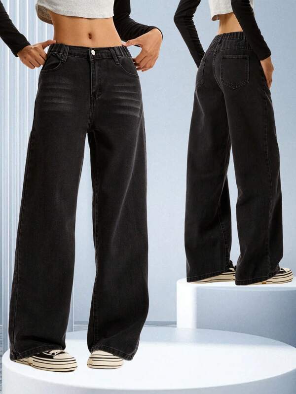 Jeans de mezclilla negra de pierna recta y suelta de estilo vintage estadounidense para adolescentes, y de estilo de alta calle