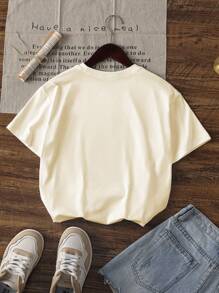 Tween 女童休闲图案印花圆领短袖 T 恤，夏季上衣 - 杏色 - 查看 2