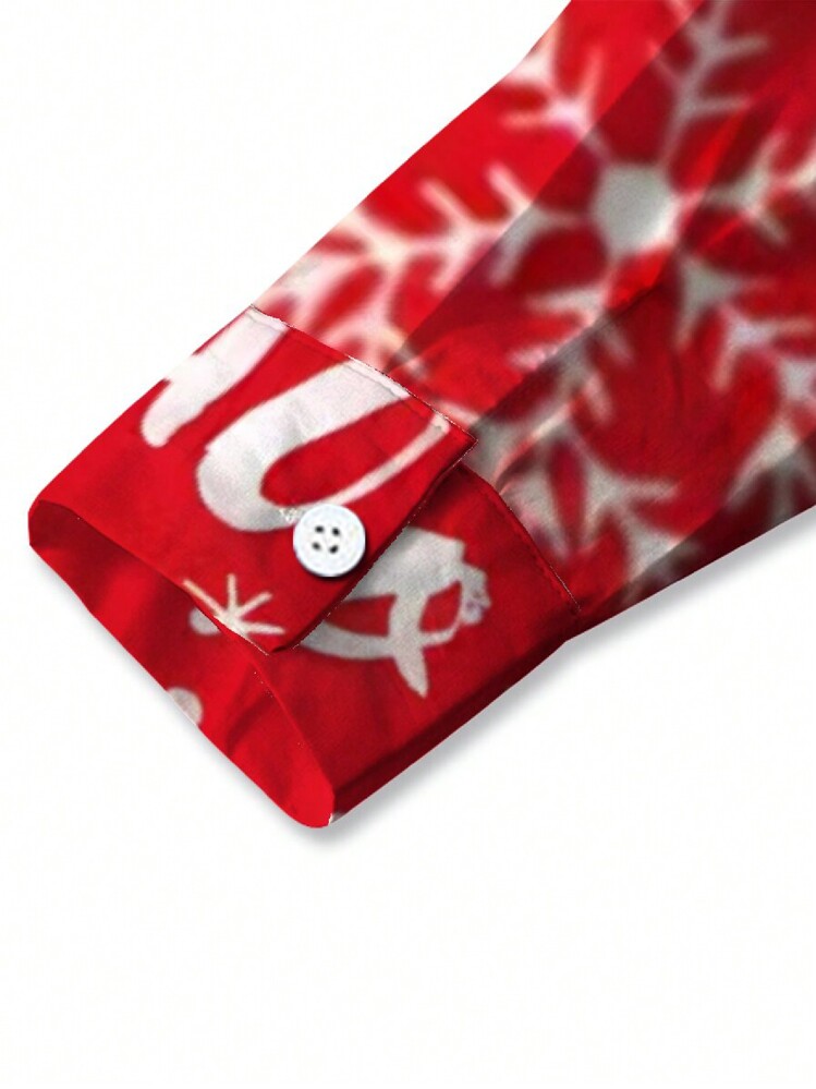Men's Letter & Snowflake Print Long Sleeve Shirt - Red - View 5