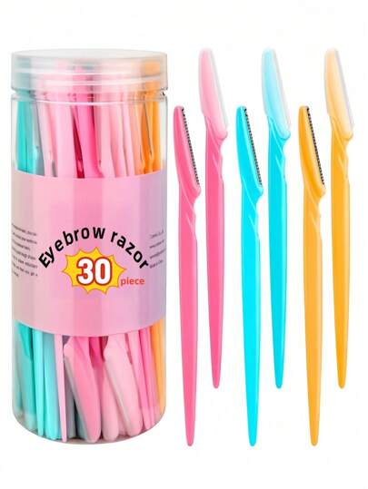 Conjunto de 30 peças de aparador de sobrancelhas, aparador de sobrancelhas, aparador de cabo longo, aparador de sobrancelhas, ferramenta de beleza, usado para modelar e aparar sobrancelhas, ferramentas esfoliantes e descamativas, lâminas de barbear, ferramenta esfoliante de precisão, aparador de sobrancelhas, lâminas de barbear faciais e de pescoço