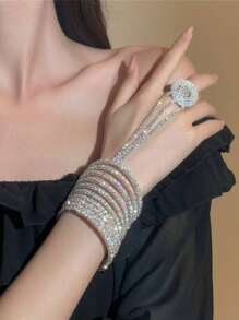 1pc Fashionable Multi-Layer Crystal Finger Ring Chain Bracelet, Sparkling Fully Studded Elastic Finger Chain Bride Jewelry Accessory Gift - Silver - View 5