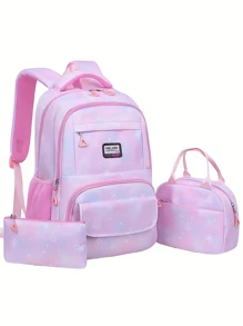 Girl's Backpack With Lunch Box, Suitable For Middle/Elementary School Students, Tie-Dyed Snowflake Design Backpack Set With Lunch Bag, Casual & Unique - Pink - View 12