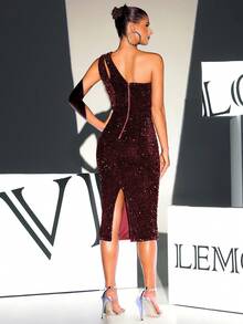 Deep Red Sequin Embellished Slit Cocktail Dress - Red - View 6
