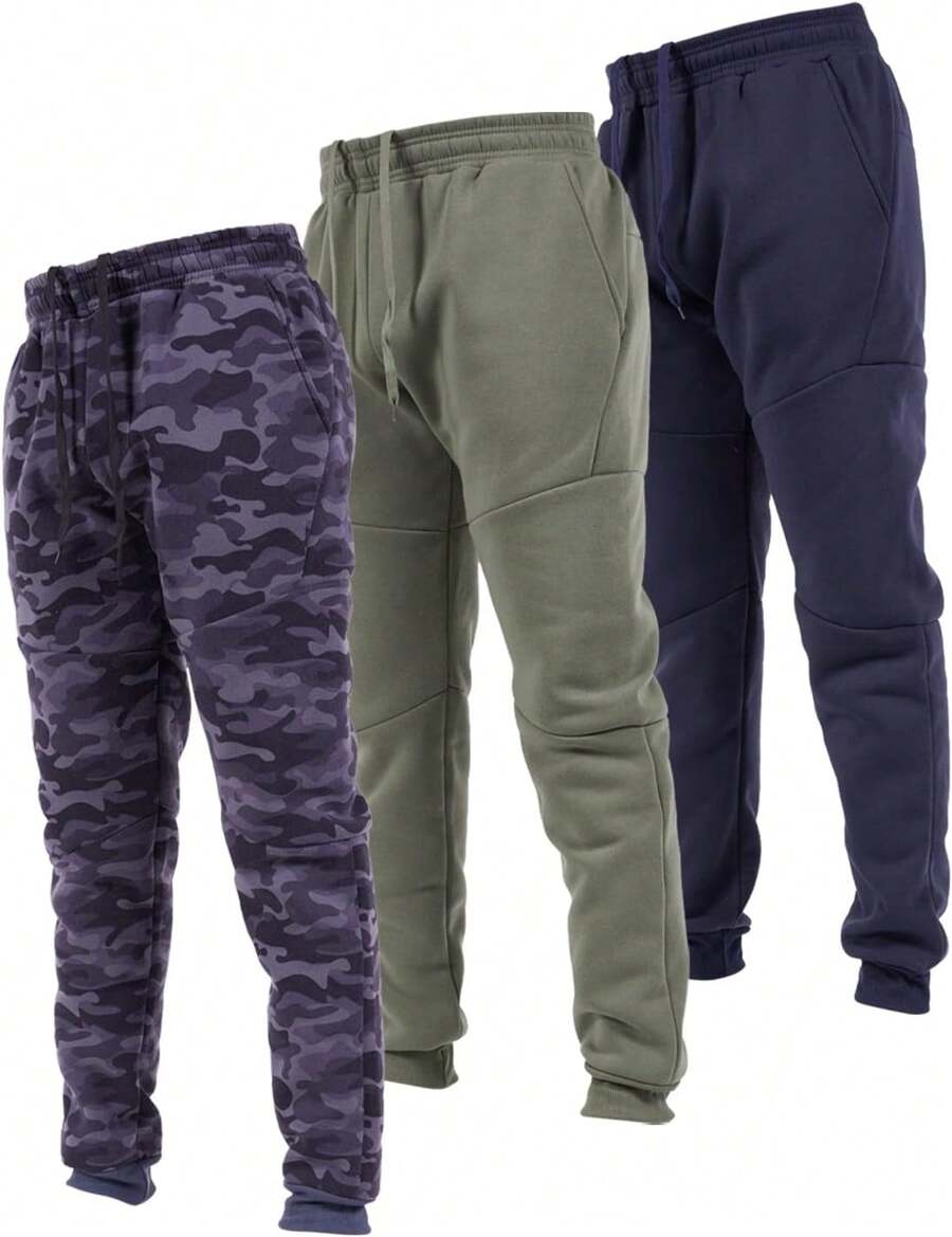 3 Pack Fleece Active Tech Joggers For Men, Mens Sweatpants With Zipper Pockets - Black Camo / Olive / Navy - View 1