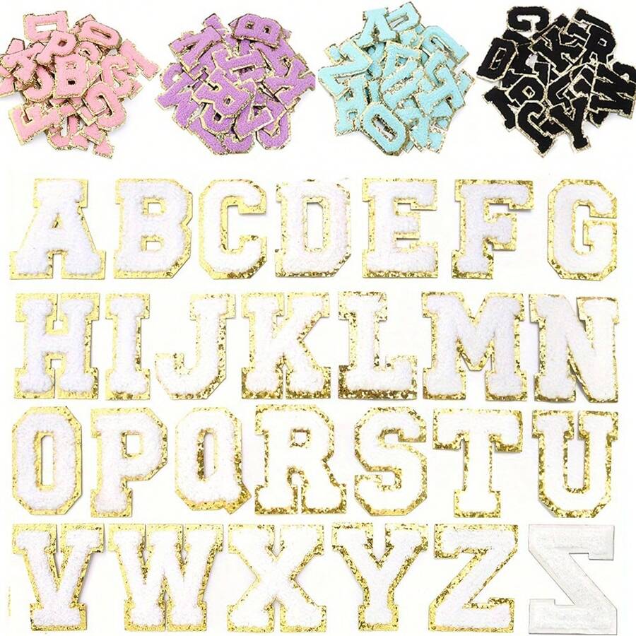 26pcs Iron-On Golden Border Embroidered English Chenille Letter Patches, DIY School Team Alphabet Applique Suitable For Hats, Shirts, Jeans, Bags (Multiple Colors Available)